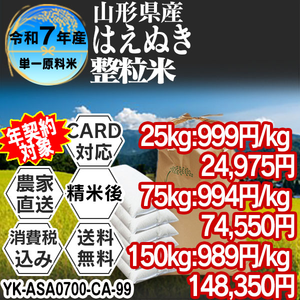 はえぬき 単銘柄 整粒米 1等米 精白米 山形県 R7年産  (税・送料込)　■クレカ・Paid決済