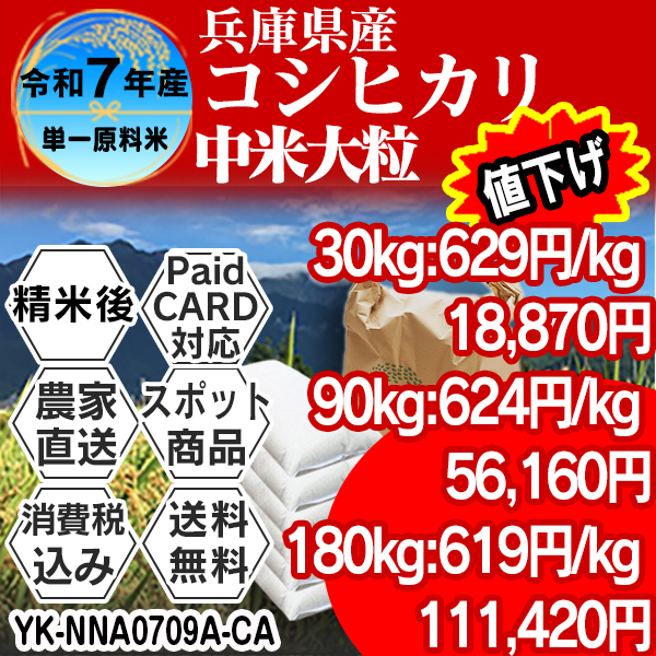 シラタを含むコシヒカリ 兵庫県 豊岡 R7年産  単銘柄 大粒中米 精白米 30kg(5kg×6)【クレカ・Paid決済】発送は発送予定表を要確認 (消費税・送料込/配送不可：沖縄・離島)