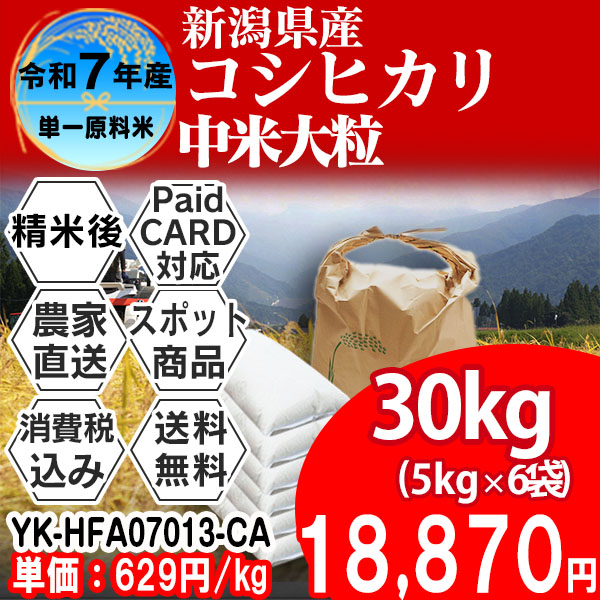 魚沼コシヒカリ 単銘柄 中米 新潟県 南魚沼 R7年産 1等米 精白米 30kg(5kg×6)【クレカ・Paid決済】発送は発送予定表を要確認 (消費税・送料込/配送不可：沖縄・離島)